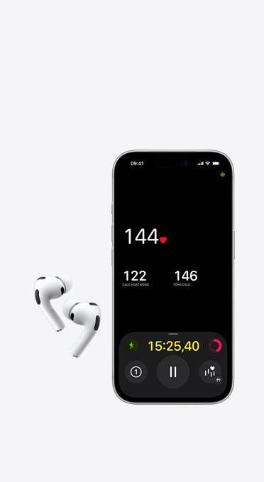 Tai nghe không dây bên trái và bên phải bên cạnh iPhone với màn hình hiển thị theo dõi nhịp tim