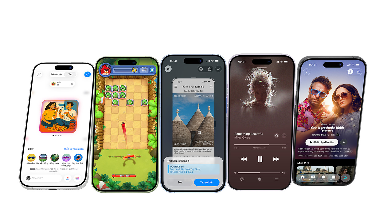 iPhone 17 devices in different colors, screens showing various apps